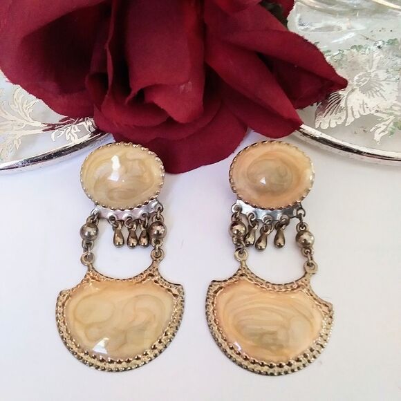 Earrings 1920s/Cloissonne look Vintage Chandelier/Pressed Metal Unique C… - Picture 1 of 13